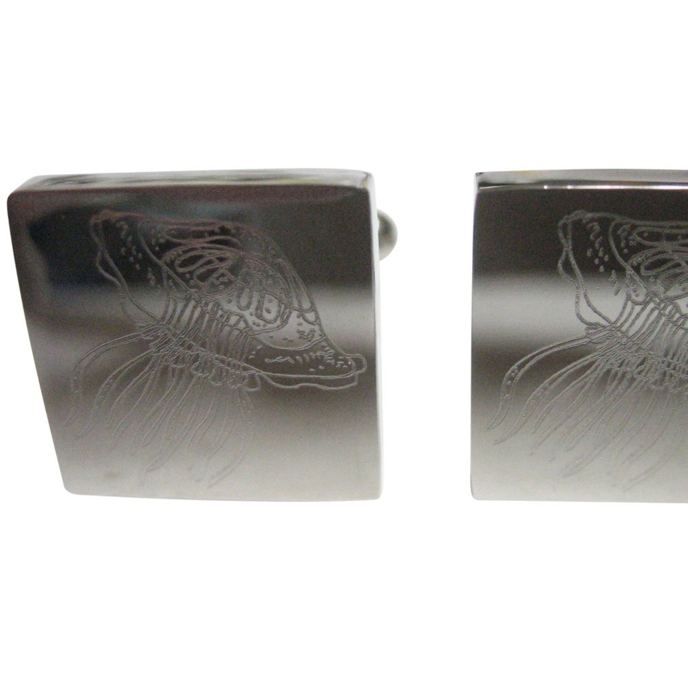 Silver Toned Square Etched Jellyfish Cufflinks